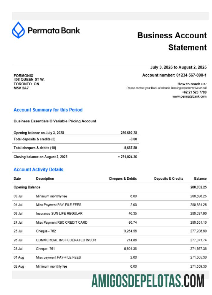 Extrato de conta corrente da organização Permatabank em formato Word e PDF